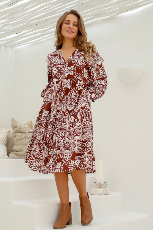 JOOP & GYPSY ROSALIE MIDI DRESS WITH V-NECK AND POCKETS CHOCOLATE🤎